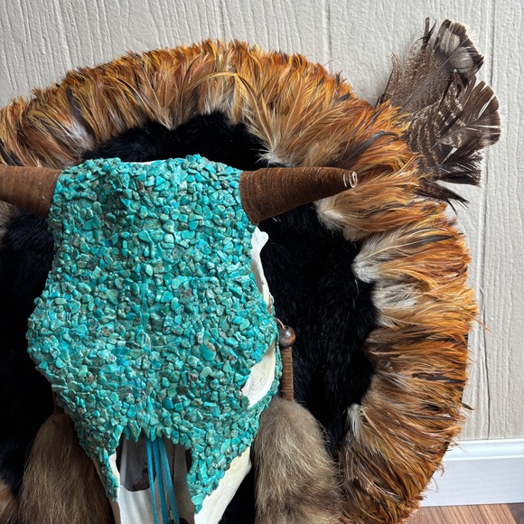 Turquoise Skull Wall Hanging Fur Feathers Leathers Accents - Picture 2 of 12